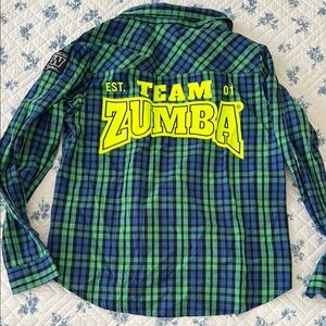 Zumba Fitness Blue and Green Casual Button Down Shirt
